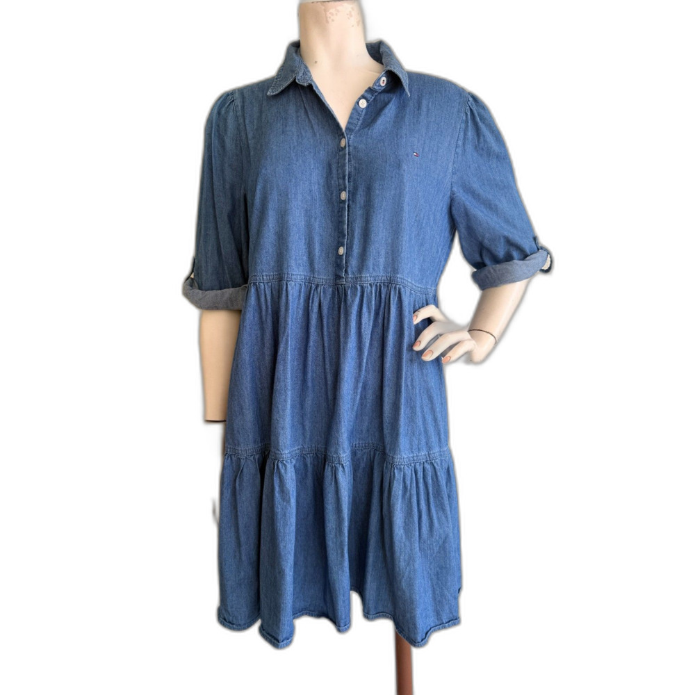 TOMMY HILFIGER Dress Blue Denim Cotton Viscose Logo A-Line Tunic Size L